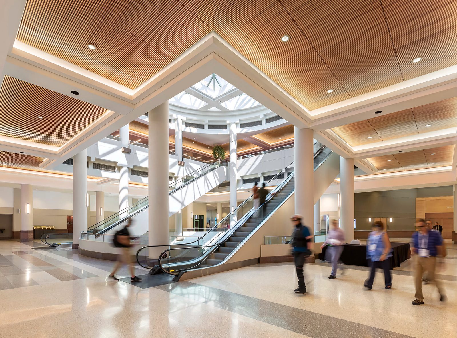 Atrium Escalators Beneath Wood Slat Ceiling